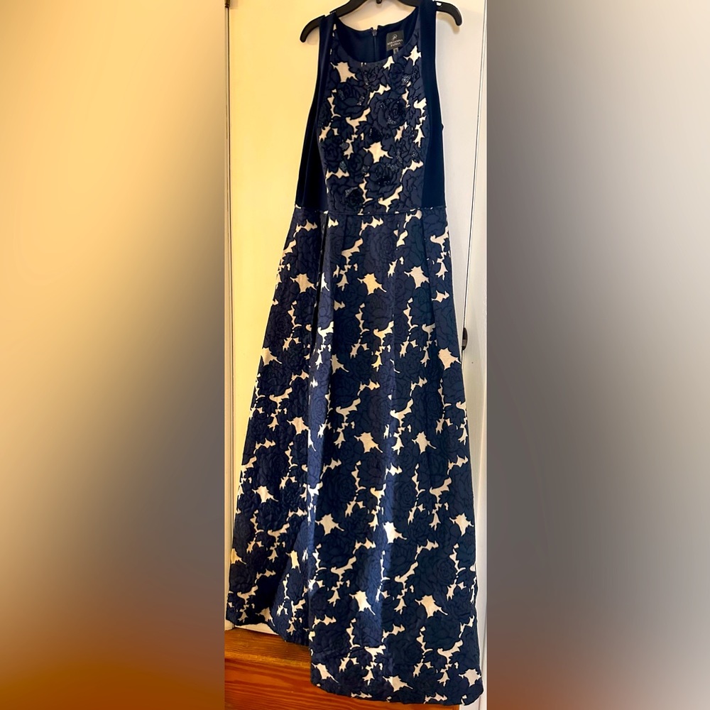 Cream and Navy Floral Adrianna Papell Gown with navy beading.